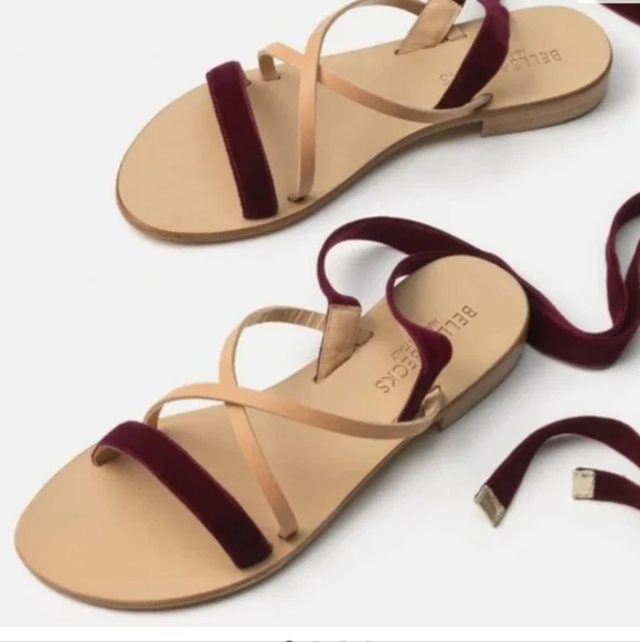 Bells & Becks Italy Velvet Leather Strappy Sandals Maroon Open Toe 8.5 Tie Ankle - Picture 2 of 8